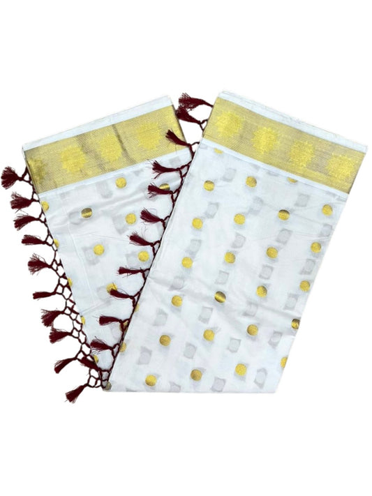 Southloom Kerala Cotton Kasavu Saree with Polka Woven Works on Body and Lotus Border with Maroon Tassels SL513