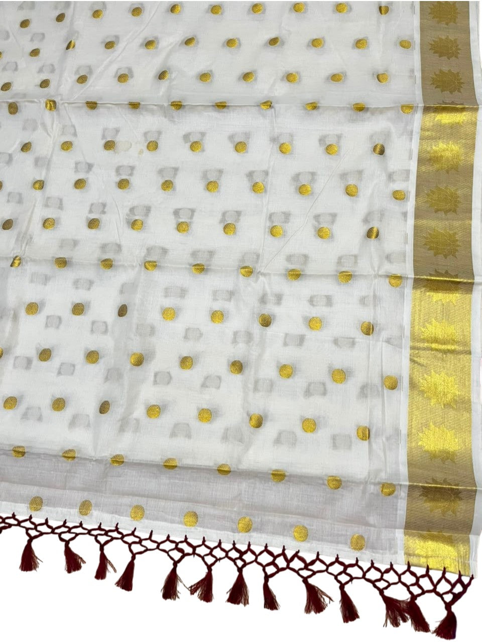 Southloom Kerala Cotton Kasavu Saree with Polka Woven Works on Body and Lotus Border with Maroon Tassels SL513