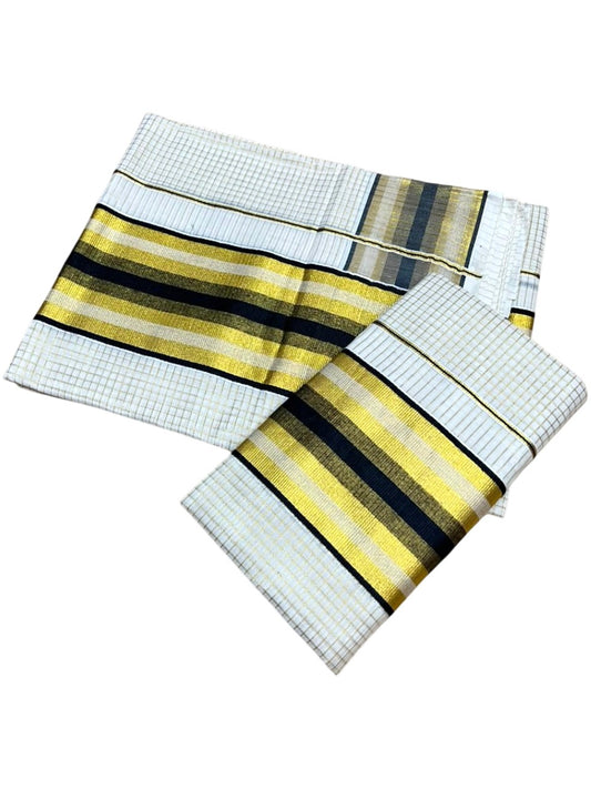 Southloom Pure Cotton Mundum Neriyathum (Set Mundu) with Gold Kasavu Check Acorss Body & Green Borders on the Kasavu 2.80 Mtrs SL517