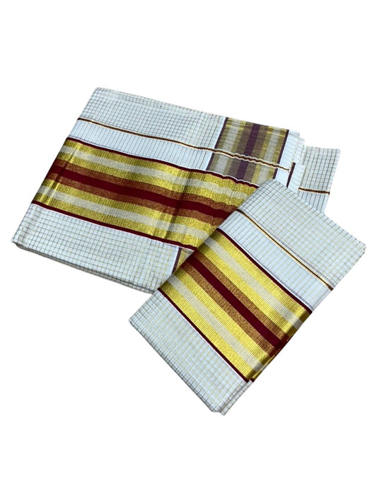 Southloom Pure Cotton Mundum Neriyathum (Set Mundu) with Gold Kasavu Check Acorss Body & Maroon Borders on the Kasavu 2.80 Mtrs SL517
