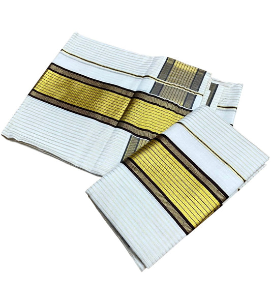 Southloom Pure Cotton Mundum Neriyathum (Set Mundu) with Gold Kasavu Lines Acorss Body & Brown Borders on the Kasavu 2.80 Mtrs SL515
