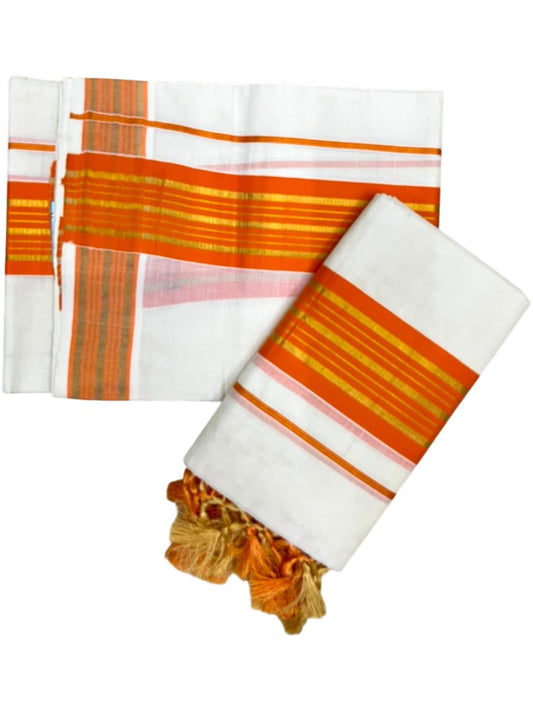 Southloom Kerala Cotton Single Set Mundu (Mundum Neriyathum) with Kasavu In Orange With Tussles SLKK SL518