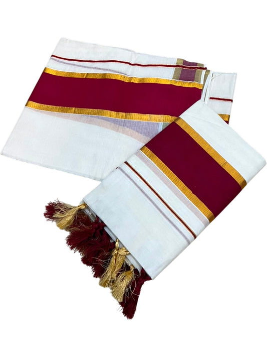 Southloom Kerala Cotton Single Set Mundu (Mundum Neriyathum) with Kasavu In Maroon With Tussles SLKK518