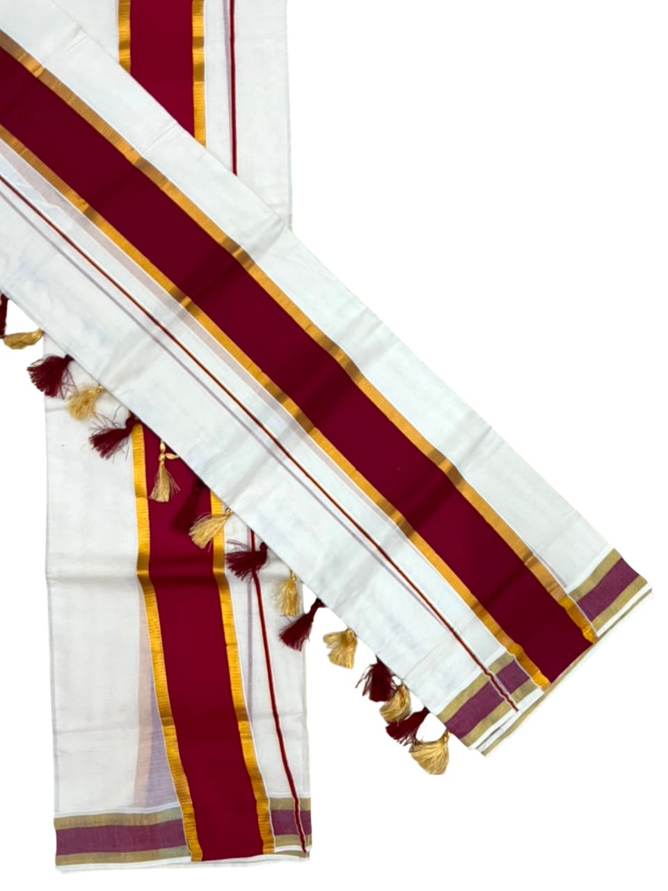 Southloom Kerala Cotton Single Set Mundu (Mundum Neriyathum) with Kasavu In Maroon With Tussles SLKK518