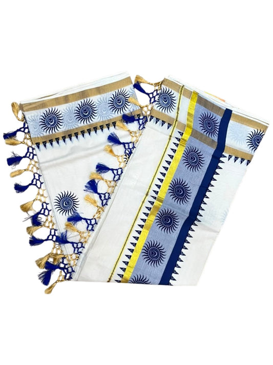Southloom Cotton Kerala Kasavu Saree with Digital Print On Body With Temple Borders With Tussles In Blue SL519