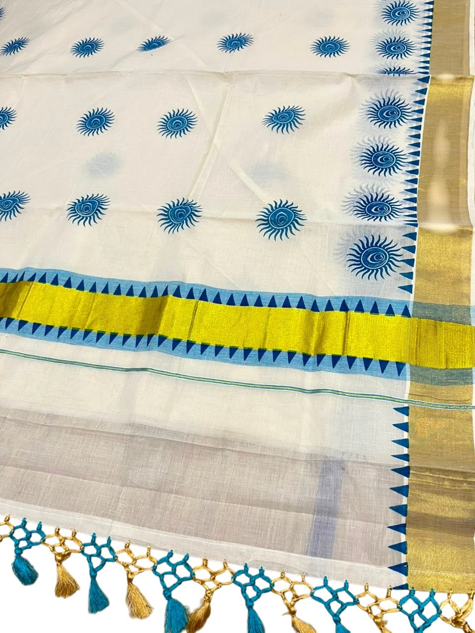 Southloom Cotton Kerala Kasavu Saree with Digital Print On Body With Temple Borders With Tussles In Blue SL519