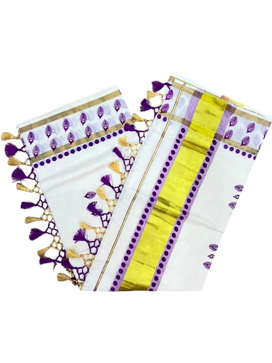Southloom Cotton Kerala Kasavu Saree with Digital Print On Body With Temple Borders With Tussles In Magenta SL519