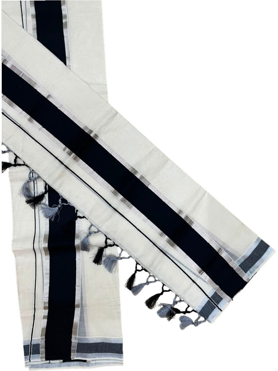 Southloom Kerala Cotton Mundum Neriyathum Single (Set Mundu) with Silver Kasavu and Black Border 2.80 Mtrs SLKK SL525