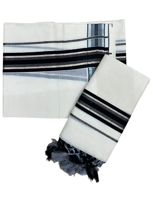 Southloom Kerala Cotton Mundum Neriyathum Single (Set Mundu) with Silver Kasavu and Black Border 2.80 Mtrs SLKK SL525