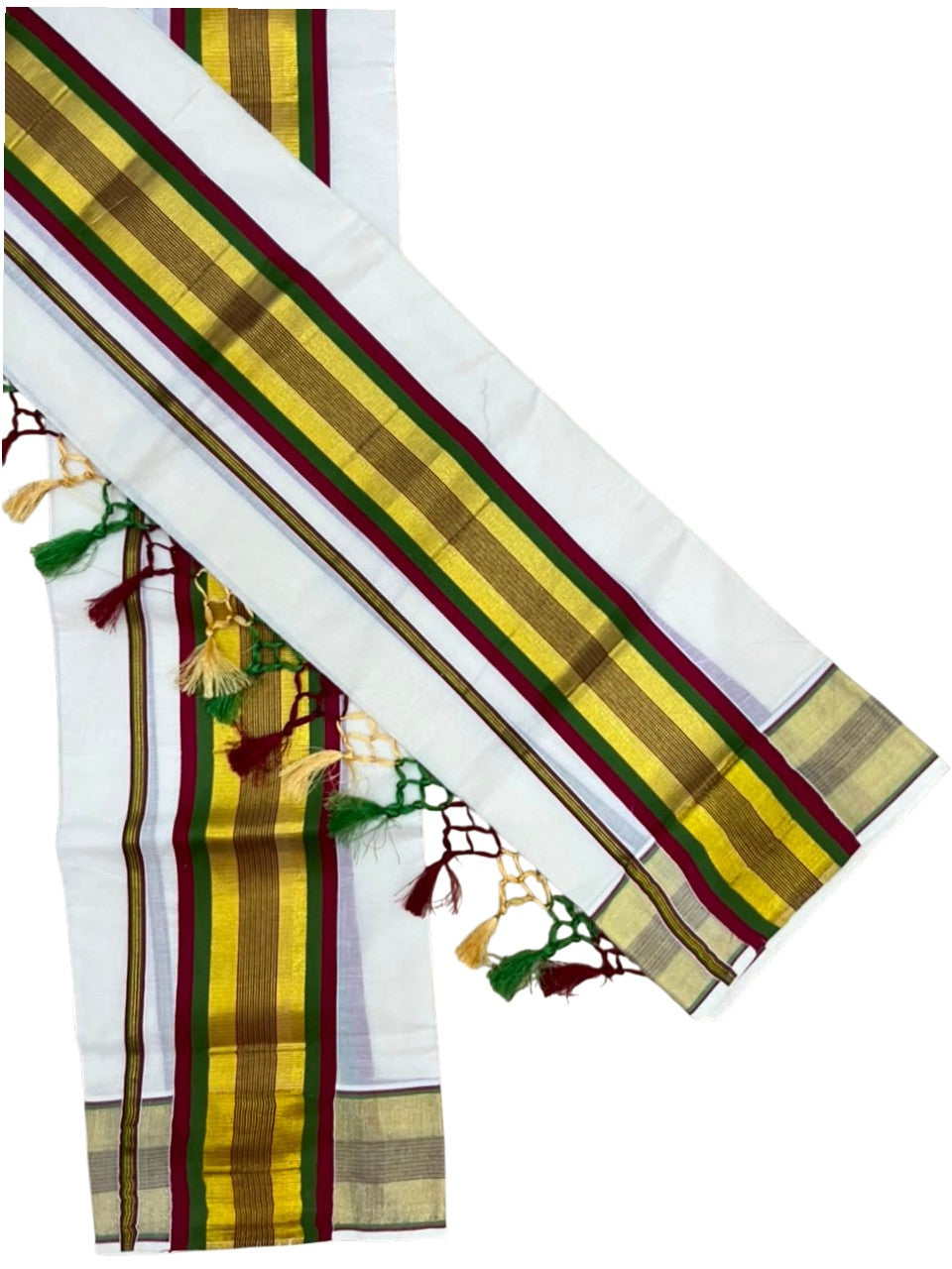 Southloom Kerala Cotton Kasavu Single Set Mundu (Mundum Neriyathum) with Maroon and Olive Green Border SLKK SL526