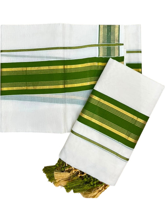 Southloom Kerala Cotton Single Set Mundu (Mundum Neriyathum) with Kasavu and Olive Green Border SLKK SL518