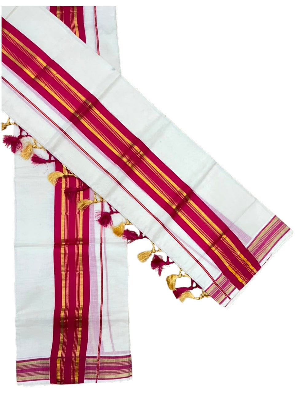 Southloom Kerala Cotton Single Set Mundu (Mundum Neriyathum) with Kasavu and Dark Pink Border SLKK SL518