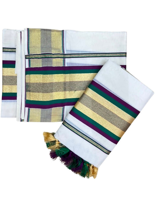 Southloom Kerala Cotton Kasavu Single Set Mundu (Mundum Neriyathum) with Purple and Green Border SLKK SL526