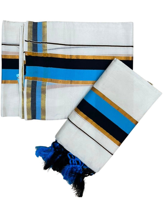 Southloom Kerala Cotton Kasavu Single Set Mundu (Mundum Neriyathum) with Black and Blue Border SLKK SL518