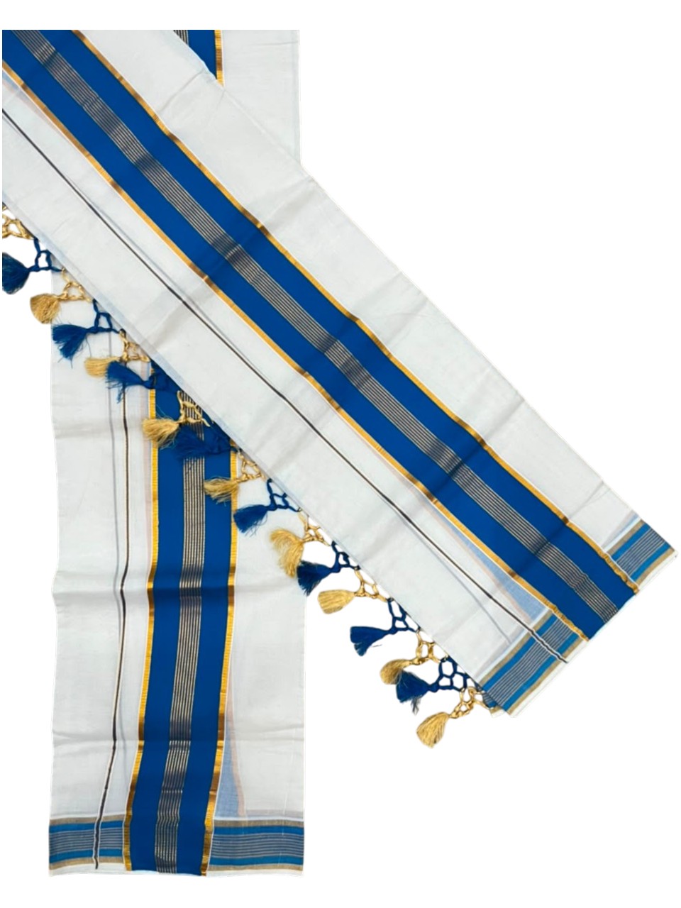 Southloom Kerala Cotton Kasavu Single Set Mundu (Mundum Neriyathum) with Blue Border SLKK SL518