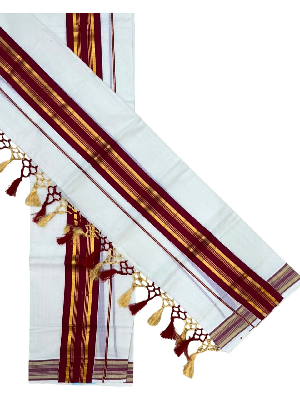 Southloom Kerala Cotton Kasavu Single Set Mundu (Mundum Neriyathum) with Maroon Border SLKK SL518