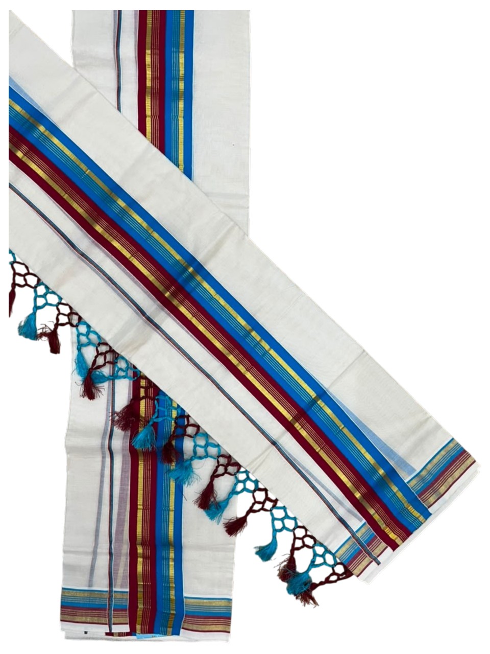 Southloom Kerala Cotton Kasavu Single Set Mundu (Mundum Neriyathum) with Maroon and Blue Border SLKK SL518