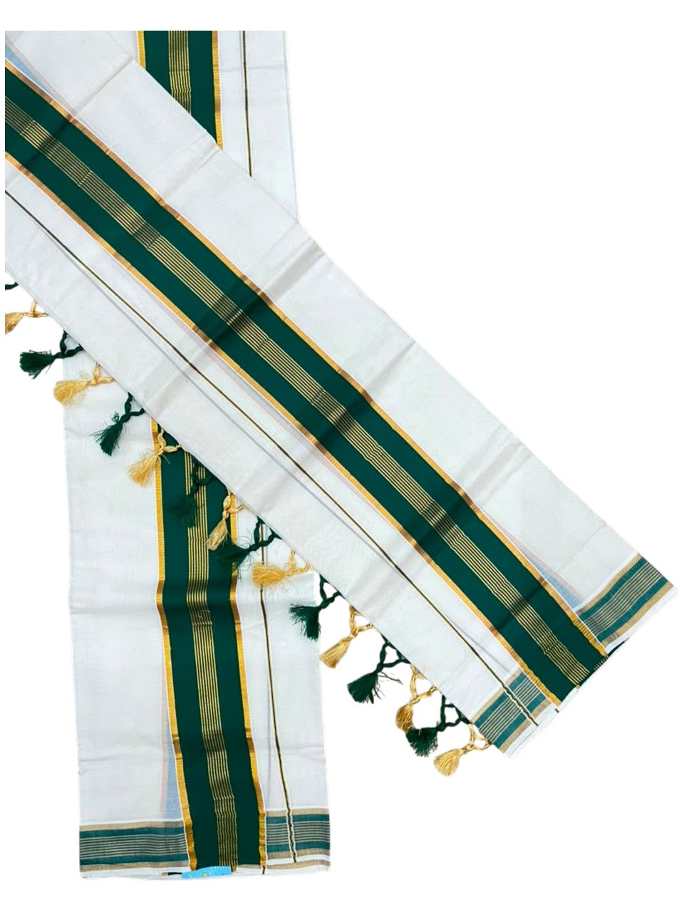 Southloom Kerala Cotton Kasavu Single Set Mundu (Mundum Neriyathum) with Green Border SLKK SL518