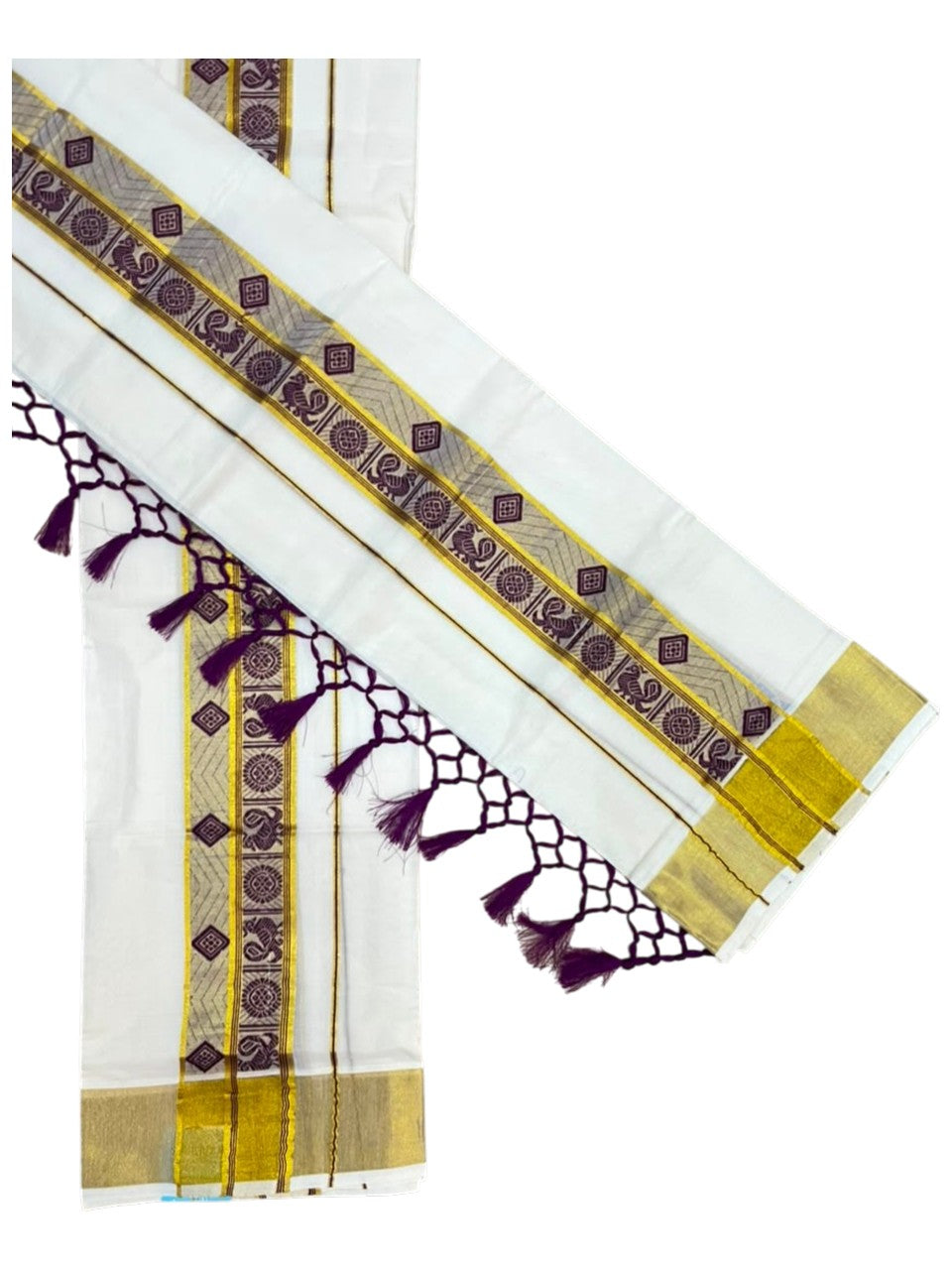 Southloom Kerala Cotton Kasavu Single Set Mundu (Mundum Neriyathum) with Peacock Design in Purple SL527