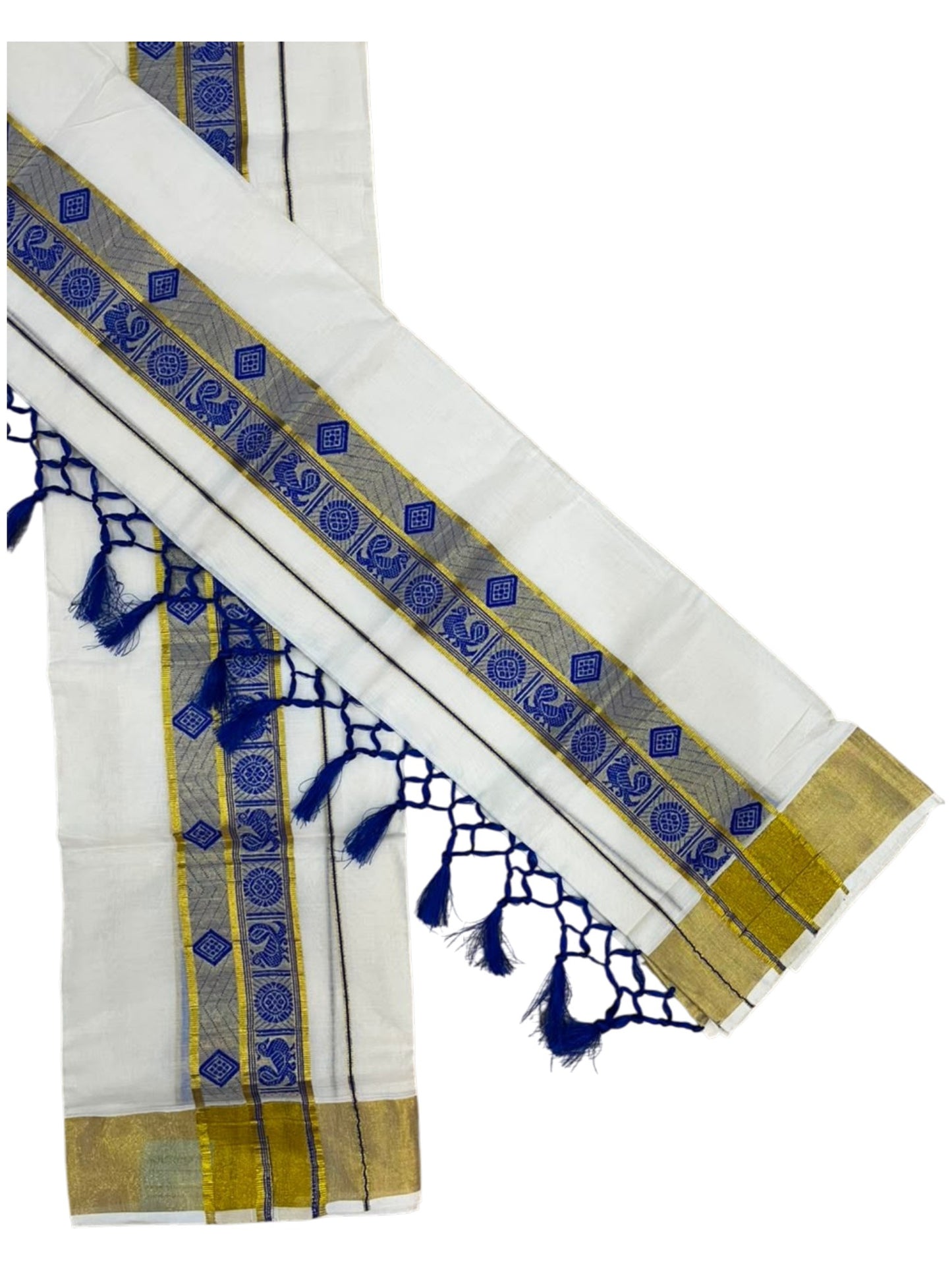 Southloom Kerala Cotton Kasavu Single Set Mundu (Mundum Neriyathum) with Peacock Design in Blue SL527