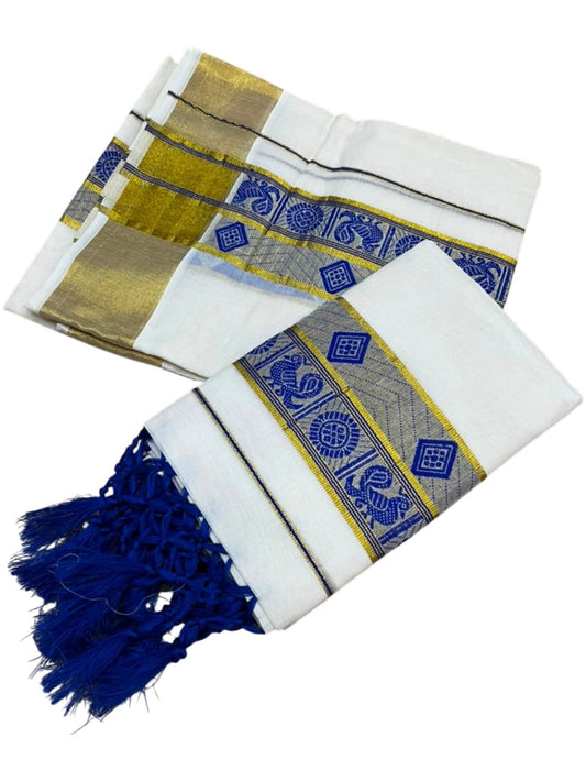 Southloom Kerala Cotton Kasavu Single Set Mundu (Mundum Neriyathum) with Peacock Design in Blue SL527