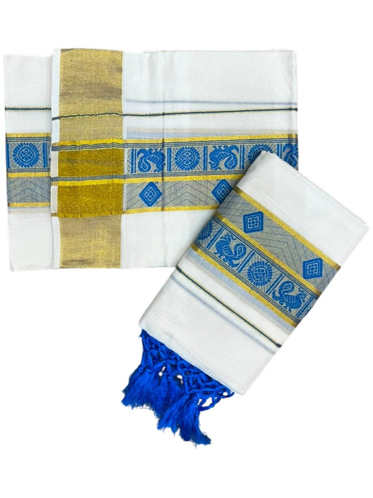 Southloom Kerala Cotton Kasavu Single Set Mundu (Mundum Neriyathum) with Peacock Design in Blue SL527