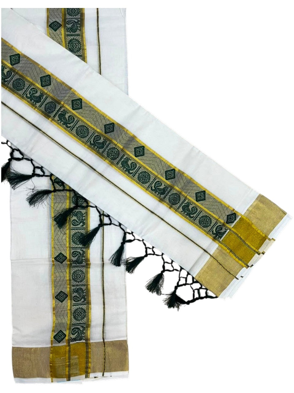 Southloom Kerala Cotton Kasavu Single Set Mundu (Mundum Neriyathum) with Peacock Design in Green SL527