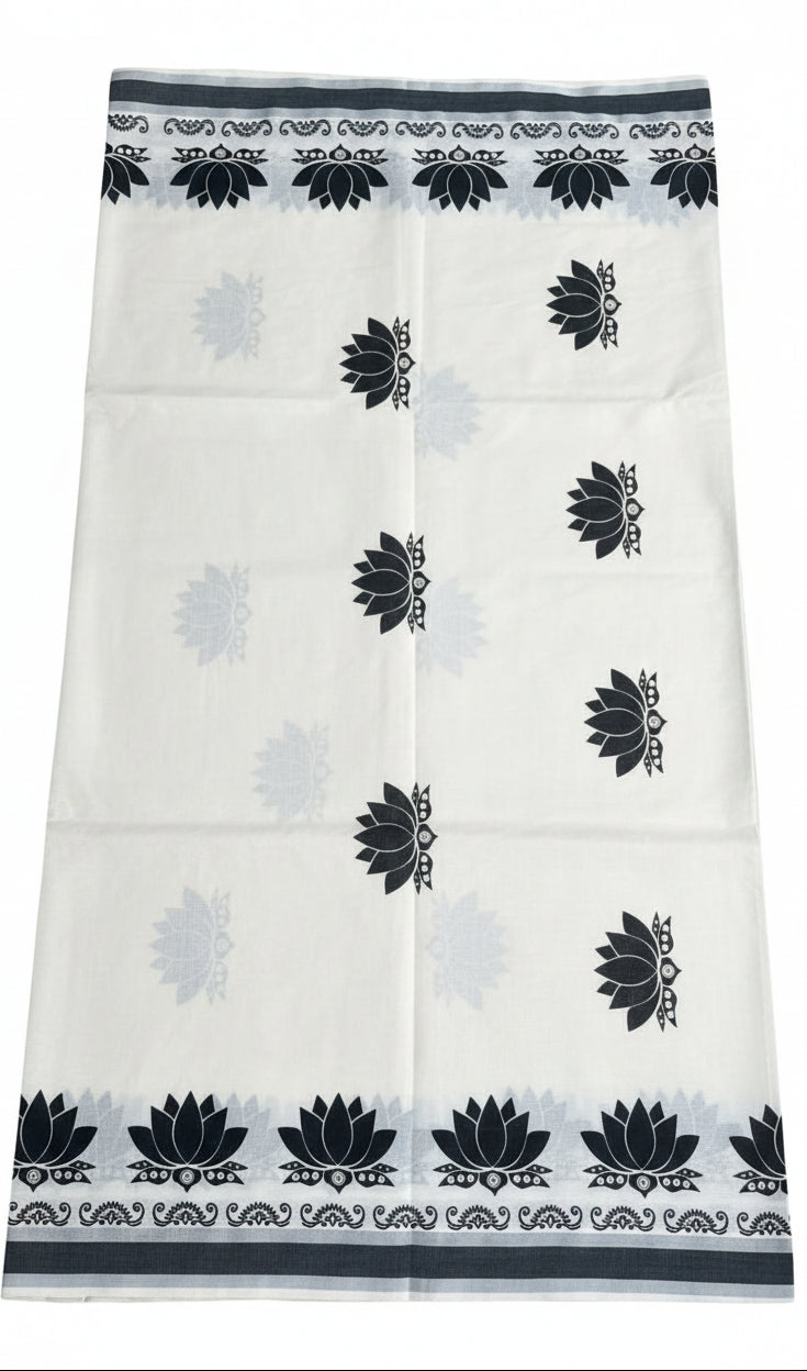 Southloom Kerala Cotton Lotus Printed Saree With Black and Silver Border SL530