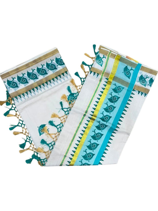 Southloom Cotton Kerala Kasavu Saree with Digital Print on Body With Temple Borders in Turquoise SL519