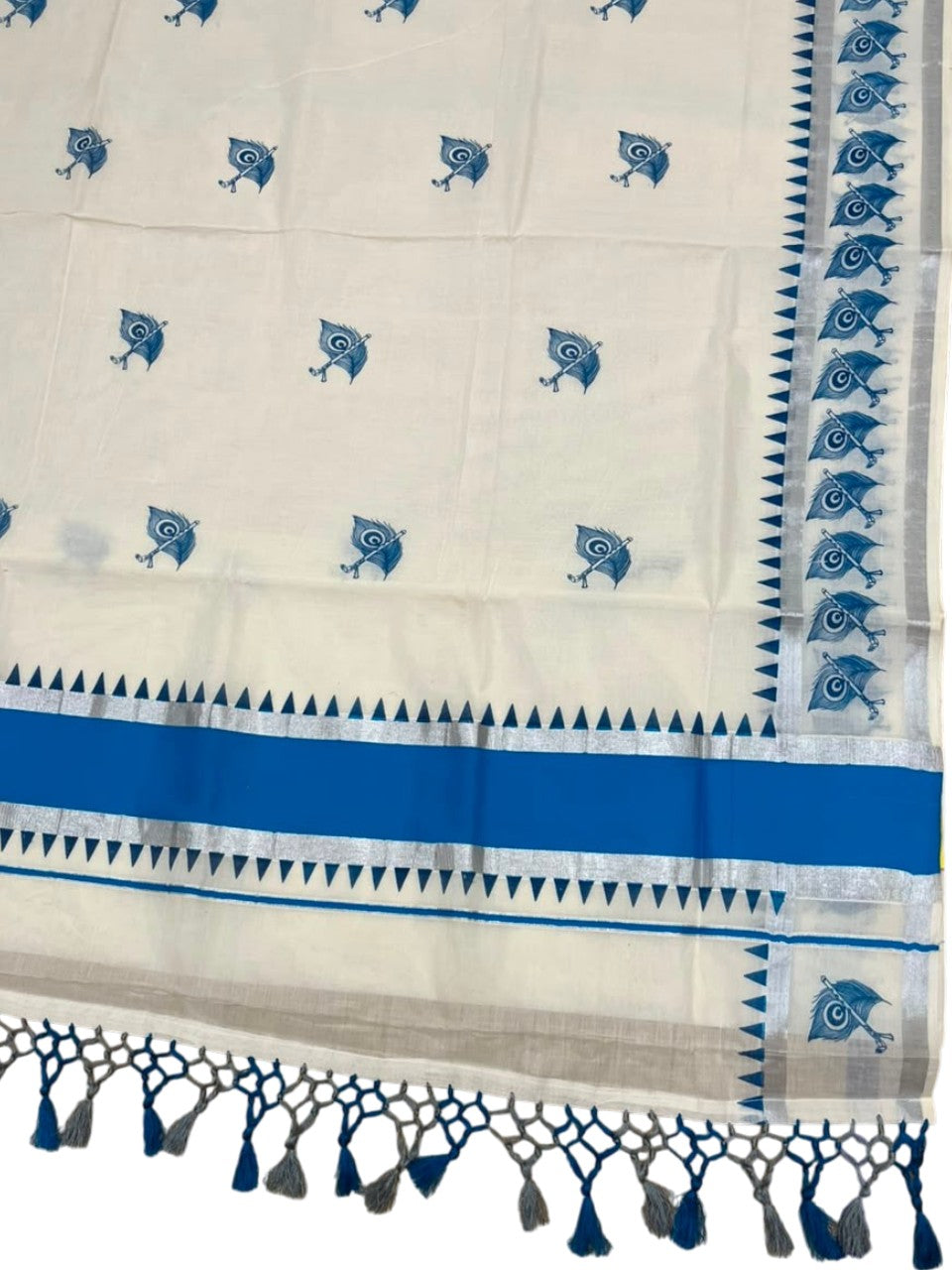 Southloom Cotton Kerala Kasavu Saree with Digital Print on Body With Temple Borders in Blue SL519