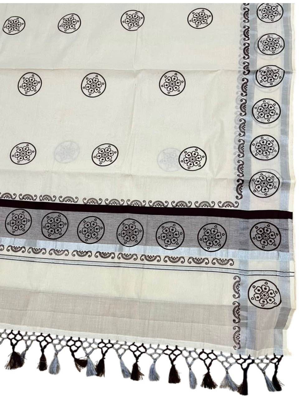 Southloom Cotton Kerala Kasavu Saree with Digital Print on Body in Brown SL519