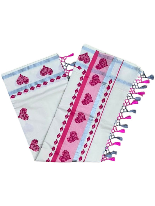 Southloom Cotton Kerala Kasavu Saree with Digital Print on Body in Pink SL519