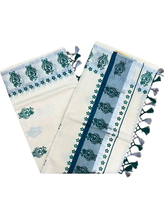 Southloom Cotton Kerala Kasavu Saree with Digital Print on Body in Peacock Blue SL519