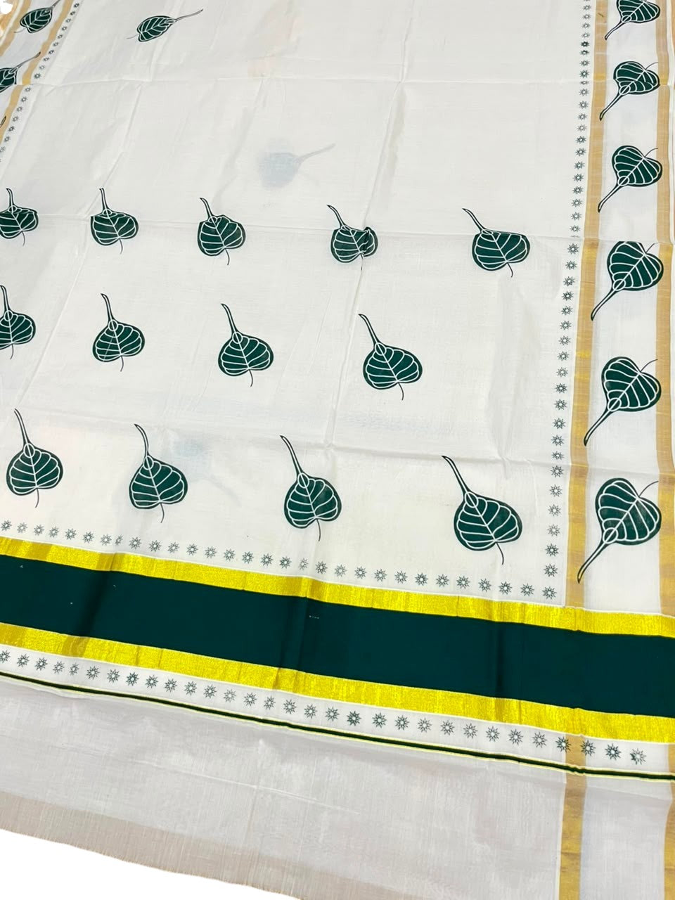 Southloom Cotton Kerala Kasavu Saree with Digital Print on Body in Green SL533