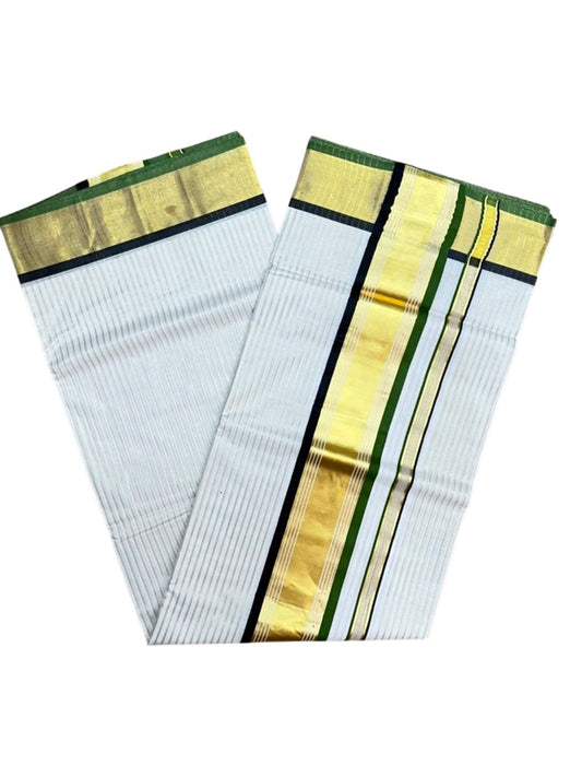 Southloom Kerala Cotton Kasavu Saree with Stripes on Body in Black and Olive Green SL528