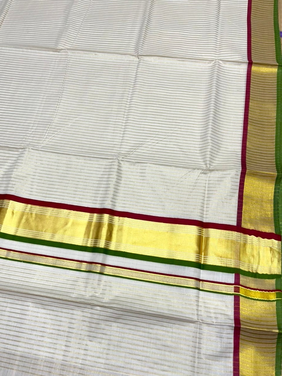 Southloom Kerala Cotton Kasavu Saree with Stripes on Body in Maroon and Olive Green SL528