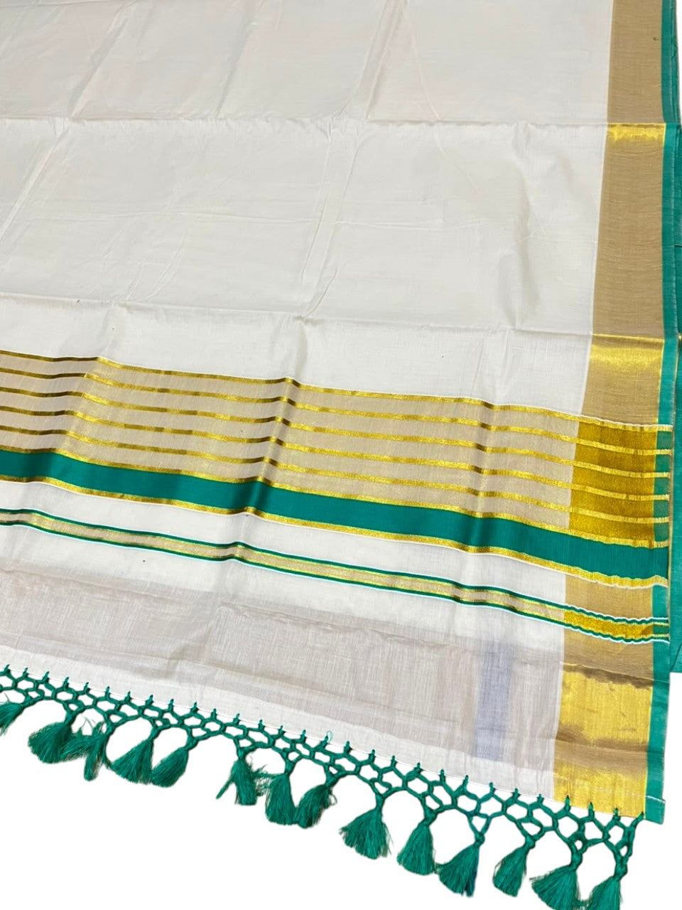 Southloom Pure Cotton Kerala Kasavu Saree with Gold Stripes on Body with Turquoise Borders SL449