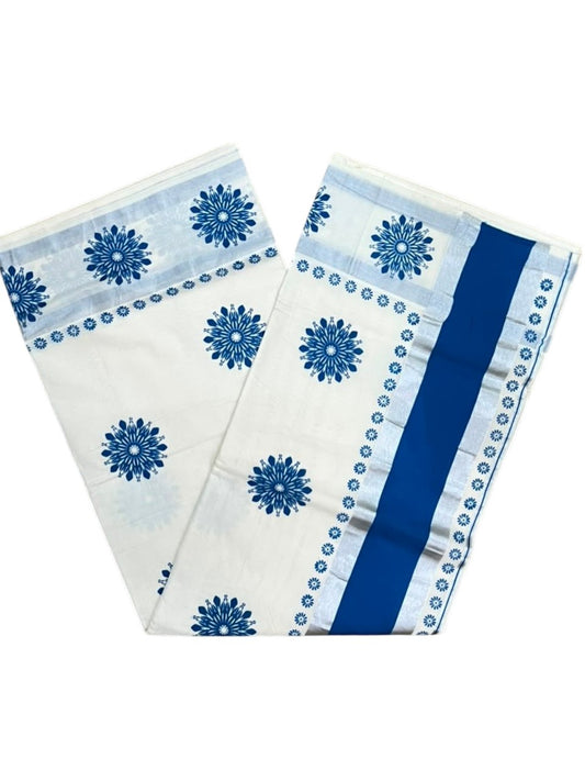 Southloom Cotton Kerala Kasavu Saree with Digital Print on Body in Blue SL533