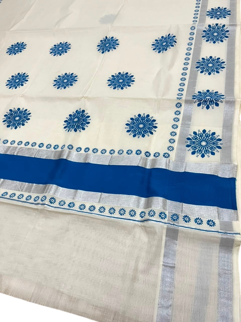 Southloom Cotton Kerala Kasavu Saree with Digital Print on Body in Blue SL533