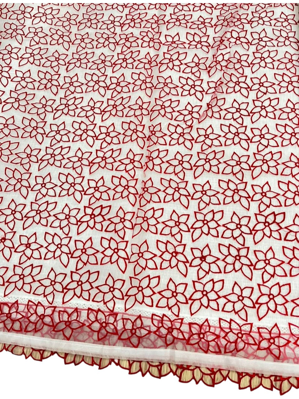 Southloom Net Kotta Saree with Plain Body and Floral Cut Work on Borders in Red