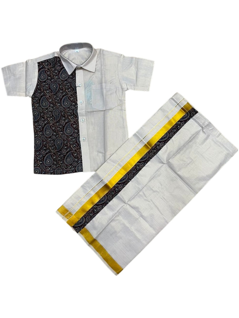 Southloom Tissue Ajrakh Printed Kids's Combo (Shirt + Velcro Mundu) SLKCOMBO