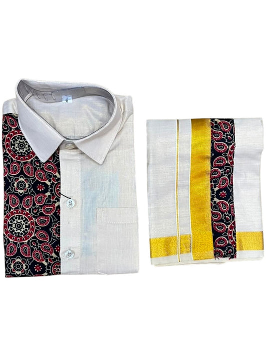 Southloom Tissue Ajrakh Printed Kids's Combo (Shirt + Velcro Mundu) SLKCOMBO