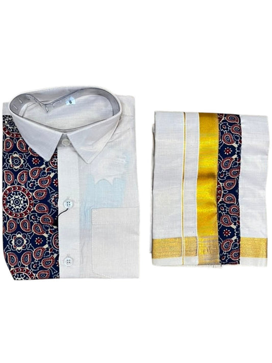 Southloom Tissue Ajrakh Printed Kids's Combo (Shirt + Velcro Mundu) SLKCOMBO