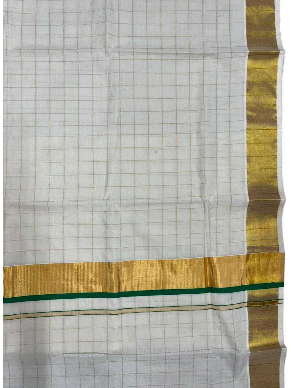 Southloom Pure Cotton Kerala Kasavu Woven Check Saree with Green Border