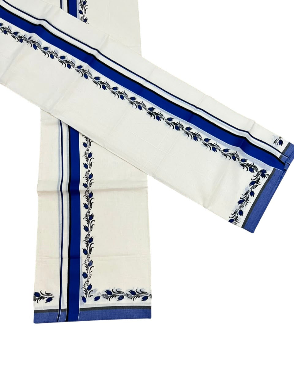 Southloom Pure Cotton Kerala Single Set Mundu (Mundum Neriyathum) with Digital Prints in Blue 2.75 Mtrs SL538