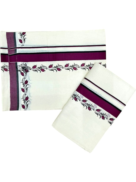 Southloom Pure Cotton Kerala Single Set Mundu (Mundum Neriyathum) with Digital Prints in Purple 2.75 Mtrs SL538