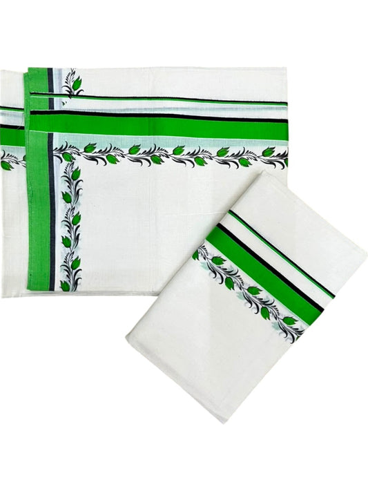 Southloom Pure Cotton Kerala Single Set Mundu (Mundum Neriyathum) with Digital Prints in Green 2.75 Mtrs SL538