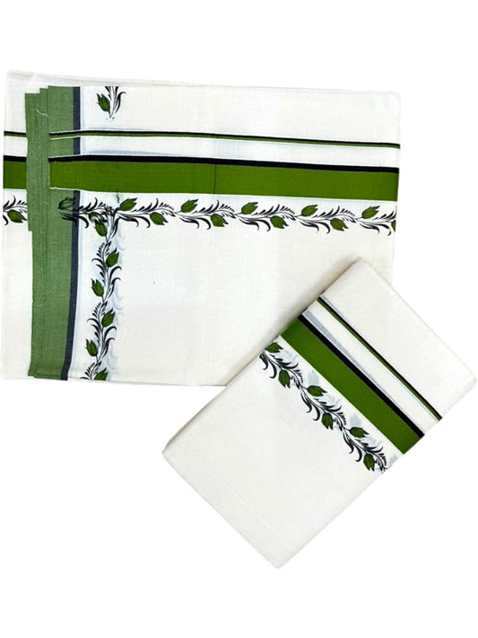 Southloom Pure Cotton Kerala Single Set Mundu (Mundum Neriyathum) with Digital Prints in Olive Green 2.75 Mtrs SL538