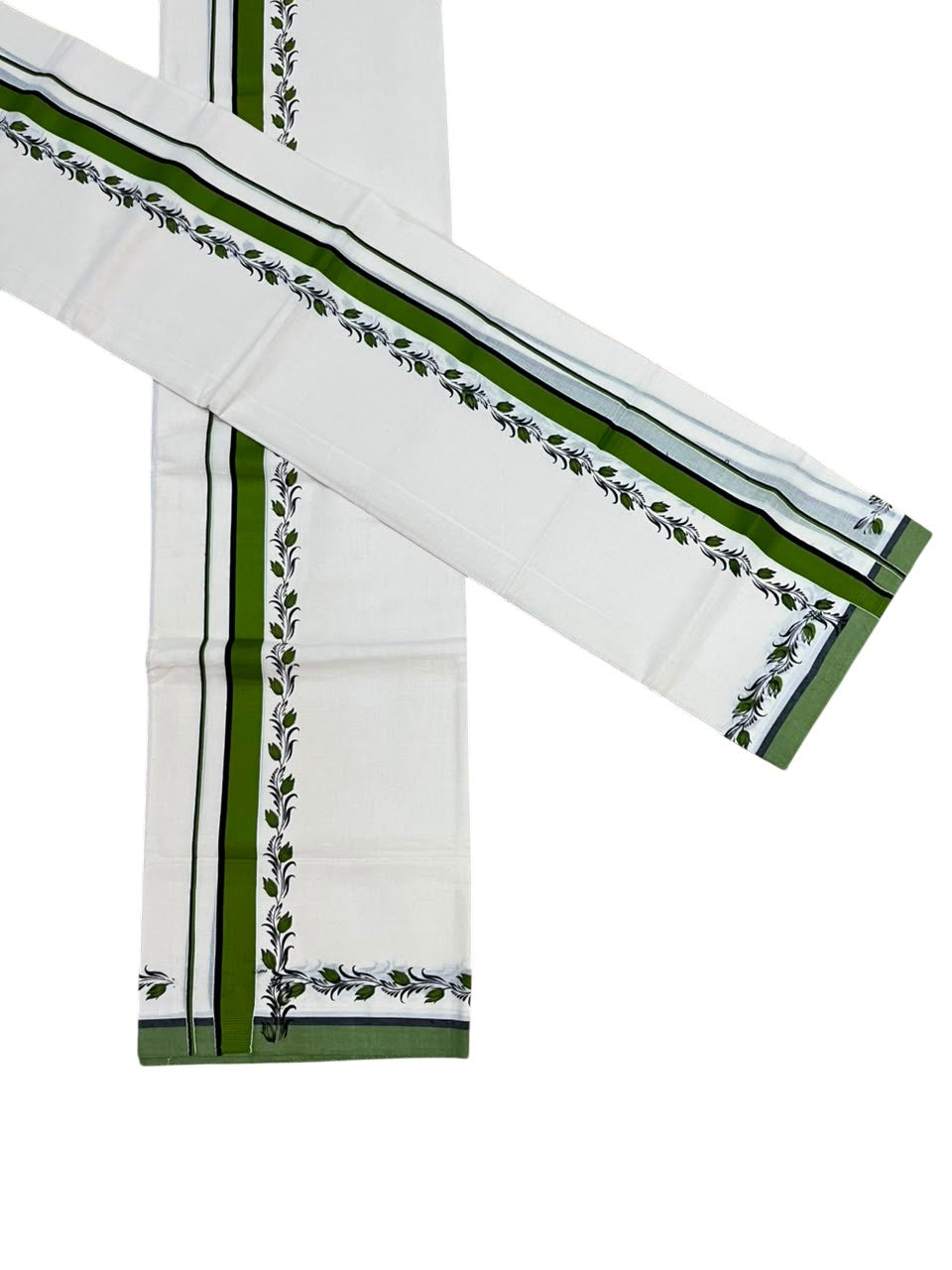 Southloom Pure Cotton Kerala Single Set Mundu (Mundum Neriyathum) with Digital Prints in Olive Green 2.75 Mtrs SL538