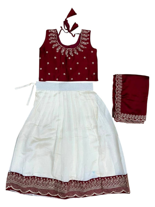Southloom Stitched Georgette Dhavani Set with Pavada and Maroon Blouse Piece SLKDHAVANI